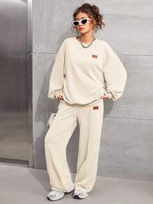 SHEIN 少女两件套杏色圆领针织衫长袖宽松补丁上衣和阔腿裤休闲家居服套装 - 杏色 - 查看 3