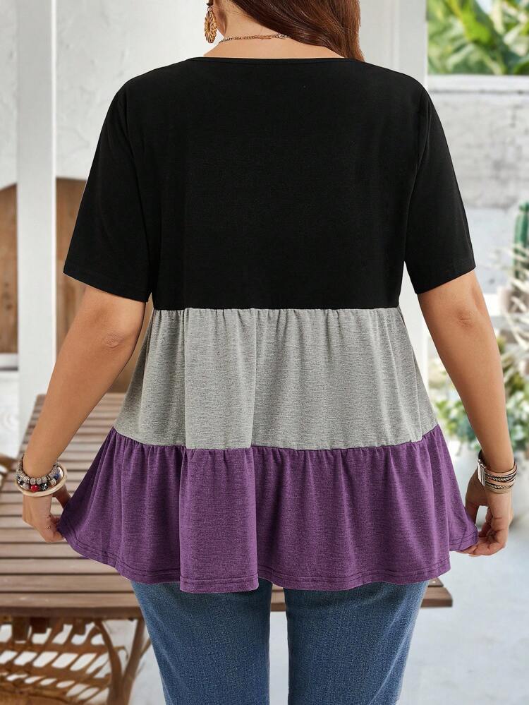 Plus Size Women Colorblock Round Neck Short Sleeve Ruffle Hem Casual Tunic Tops For Spring And Summer Mother's Day Bohemian Fall Clothes For Women