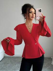 Selianne New Vintage Style Women's Red Long Sleeve V-Neck Ruffle Trim Metal Button Decor Blouse - Red - View 4