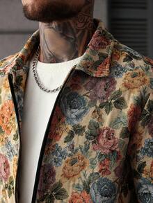 Manfinity Homme Men's Long Sleeve Street-Style Jacket, INS Matching, Jacquard Jacquard Fabric, Casual Wear, Gift For Boyfriend/Husband, Anniversary Gift, Zip-Up Jacket Men Floral Jacket , Fall - Multicolor - View 5