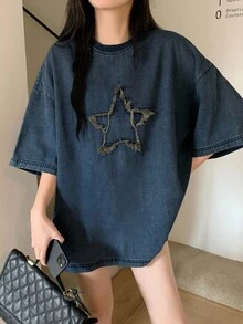 DAZY Women's Summer Round Neck Short Sleeve 3D Star Decor Loose Denim Casual Blouse - Dark Wash - View 6