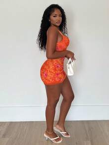 Alexandranx Lace Cup Detail Tropical Floral Mesh Bodycon Mini Dress,Bohemian Clothes - Orange - View 6