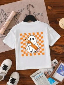 年轻女孩休闲时尚舒适可爱卡通百搭鬼与铅笔格纹印花短袖圆领T恤，夏季 - 白色 - 查看 2