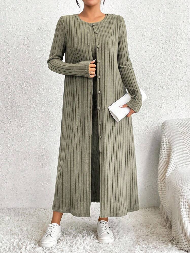 SHEIN Essnce 女款純色連身裙外套兩件套 - 綠色 - 查看 5