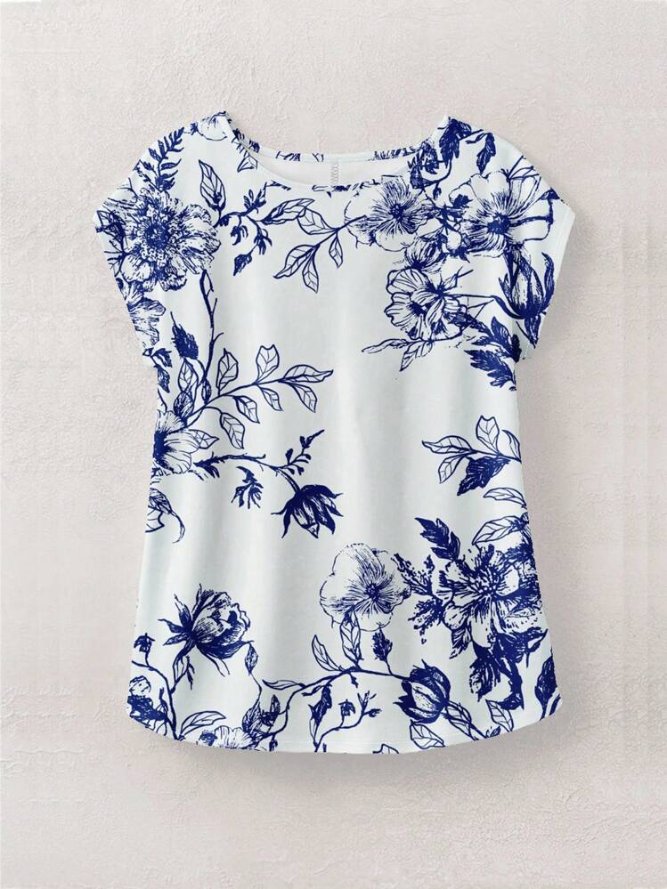 Rusticease Blusa casual con estampado floral, cuello redondo y mangas tipo murciélago para mujer, blusa floral azul, blusa floral azul y blanca, blusa floral, blusa floral para mujer, blusa de verano, blusas elegantes para mujer, casual - Multicolor - Añade 5