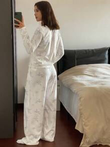 DAZY 3pcs/Set Floral Print Lace Patchwork Robe, Camisole Top & Pants Women Pajama Set, Fall Winter Clothes