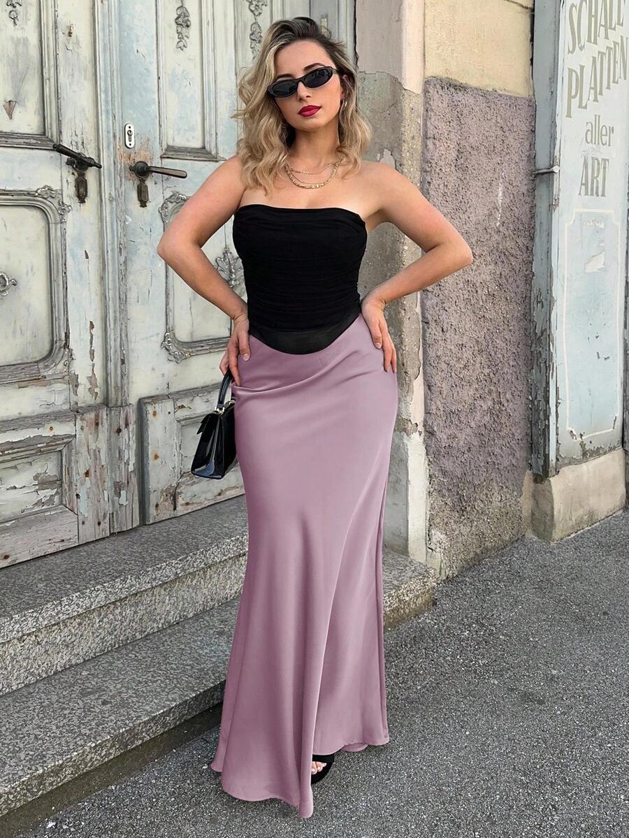 Jeta Ari Váy Maxi Satin Cạp Cao Trang Phục Cho Nữ - Màu tím hoa cà - Xem 1