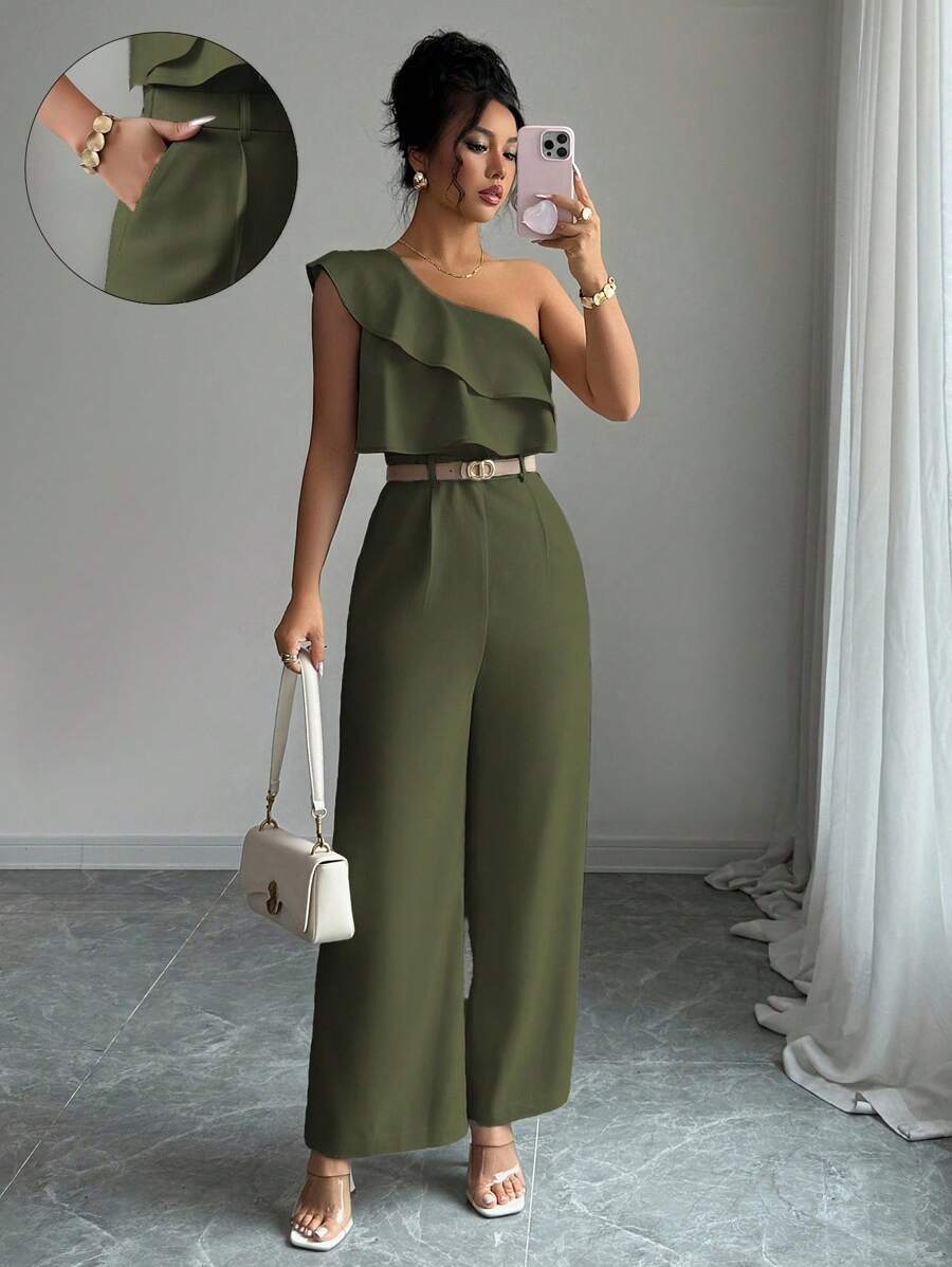 Elenzga Women's Vacation Style Office Commute Beach Party Oblique Shoulder Double Ruffle Waist Straight Loose Jumpsuit, Suitable For Spring/Summer - Army Green - View 1