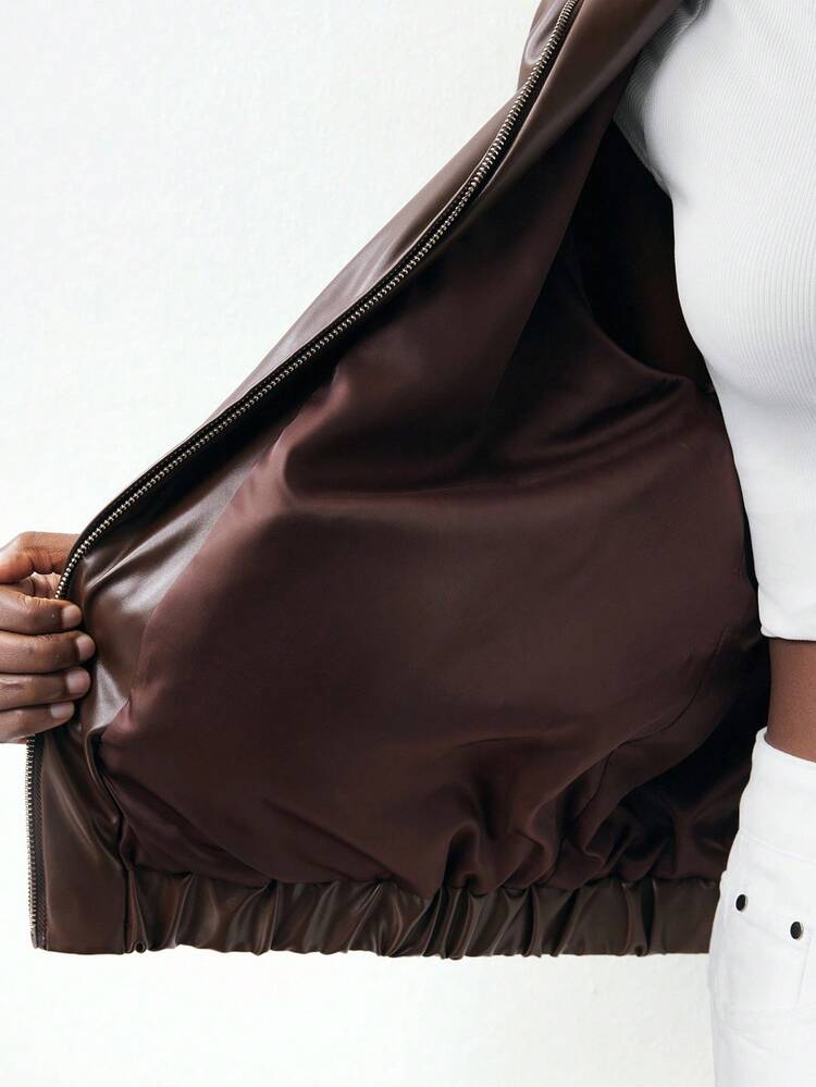 SHEIN Maija Women's Solid Color Raglan Sleeve PU Leather Casual Loose Jacket Women's Winter Jacket Going Out Brown Halloween Costumes