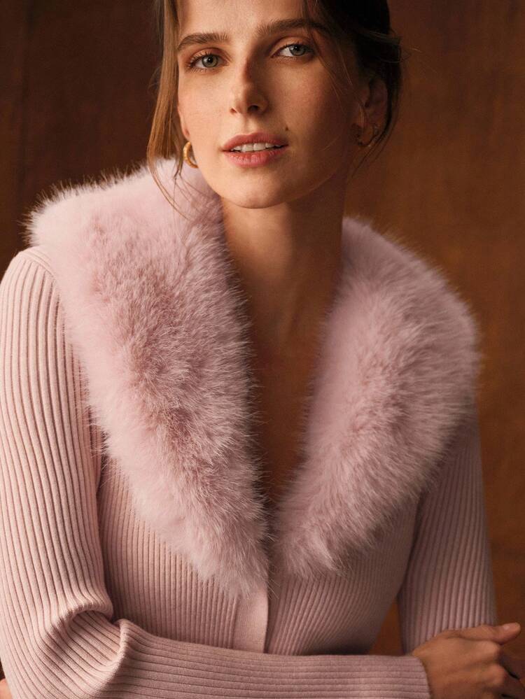 CONTRAST FAUX FUR SHAWL COLLAR SLIM FIT FAUX PEARLS BUTTON PLACKET CARDIGAN ,FALL