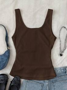SHEIN Atasan Tank Top Kasual Putih Polos Bergaris untuk Remaja Perempuan dengan Kancing Logam dan Model Racerback Atasan Cokelat untuk Remaja Perempuan - Coklat - View 2