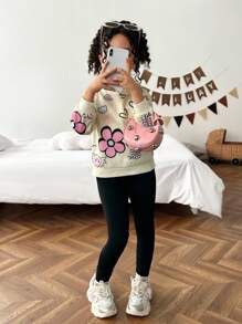 SHEIN 2pcs/Set Young Girl Ditsy Floral Hooded Sweatshirt And Leggings Casual Outfit  Tracksuit Fall Winter - Apricot - View 5