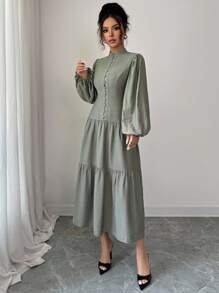 Selianne 女士优雅灯笼袖 A 字中长连衣裙，小立领，收腰，适合通勤，春/秋/冬 - 軍綠色 - 查看 4