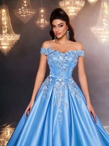 Glamrae 优雅奢华露肩彩色刺绣蕾丝拼布缎面长裙，适合婚礼、派对、度假、舞会、毕业典礼、正式场合（重刺绣） - 藍色 - 查看 6