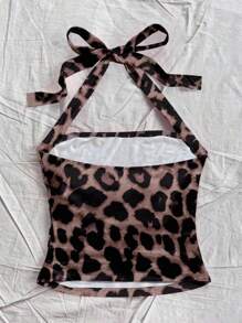 Soleia Women's Vacation Halter Bodycon Full Leopard Pattern Tank Top, Suitable For Summer