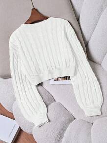 SHEIN PETITE Women's Casual Drop Shoulder Crew Neck Twist Cable Pattern Sweater Knit Pullover Fall Winter - White - View 2