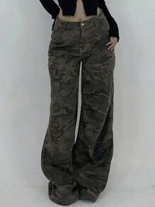 Dazy Tall 女款大尺碼迷彩印花寬鬆工裝貨物褲/牛仔褲，適合高個女性 - 軍綠色 - 查看 5