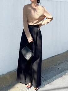 FRIFUL Women's Solid Khaki Round Neck Long Sleeve Loose Casual Versatile T-Shirt, Autumn