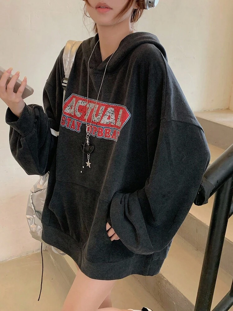 Women's Casual Hooded Street Art Print Loose Long Sweatshirt, Spring/Autumn Hoodies