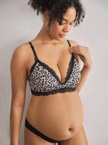 SHEIN BloomMama Leopard Print Lace Trim Nursing Bra For Pregnant Women For Feeding Mothers