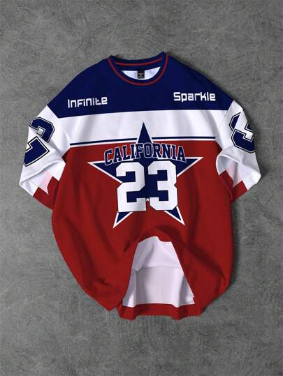 Manfinity Campus Court Men's Summer Casual Contrast Color Patchwork Digit Printed T-Shirt