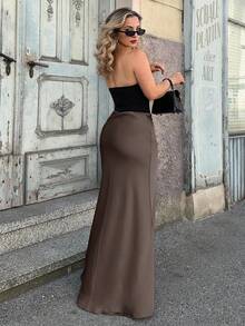 Jeta Ari 高腰纯色优雅长款美人鱼裙 - 咖啡棕 - 查看 2