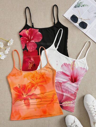 SHEIN Leap Crew 3pcs Teen Girls Casual Floral Print Slim Fit Cami Top Set, Suitable For Summer Vacation Summer Tank Tops Flower Tank Top Tank Tops With Bras Teen Hibiscus Tank Top Floral Tank Tops