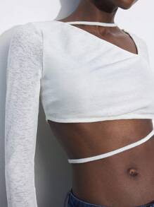 Maija Women White Asymmetric Shoulder Adjustable Tie-Up Detail Soft&Comfy Bodycon Top,Autumn Seksi Chic Night Out Modern Urban Stylish Tops - White - View 6