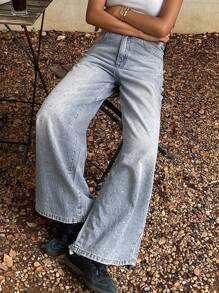 DAZY Quần Jeans Ống Rộng Trang Trí Đính Đá Pha Lê Thời Trang Thường Ngày Cho Nữ - Rửa nhẹ - Xem 6