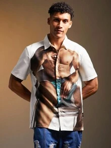 FeverCity Men's Fashionable Figure Print Short Sleeve Shirt, Summer