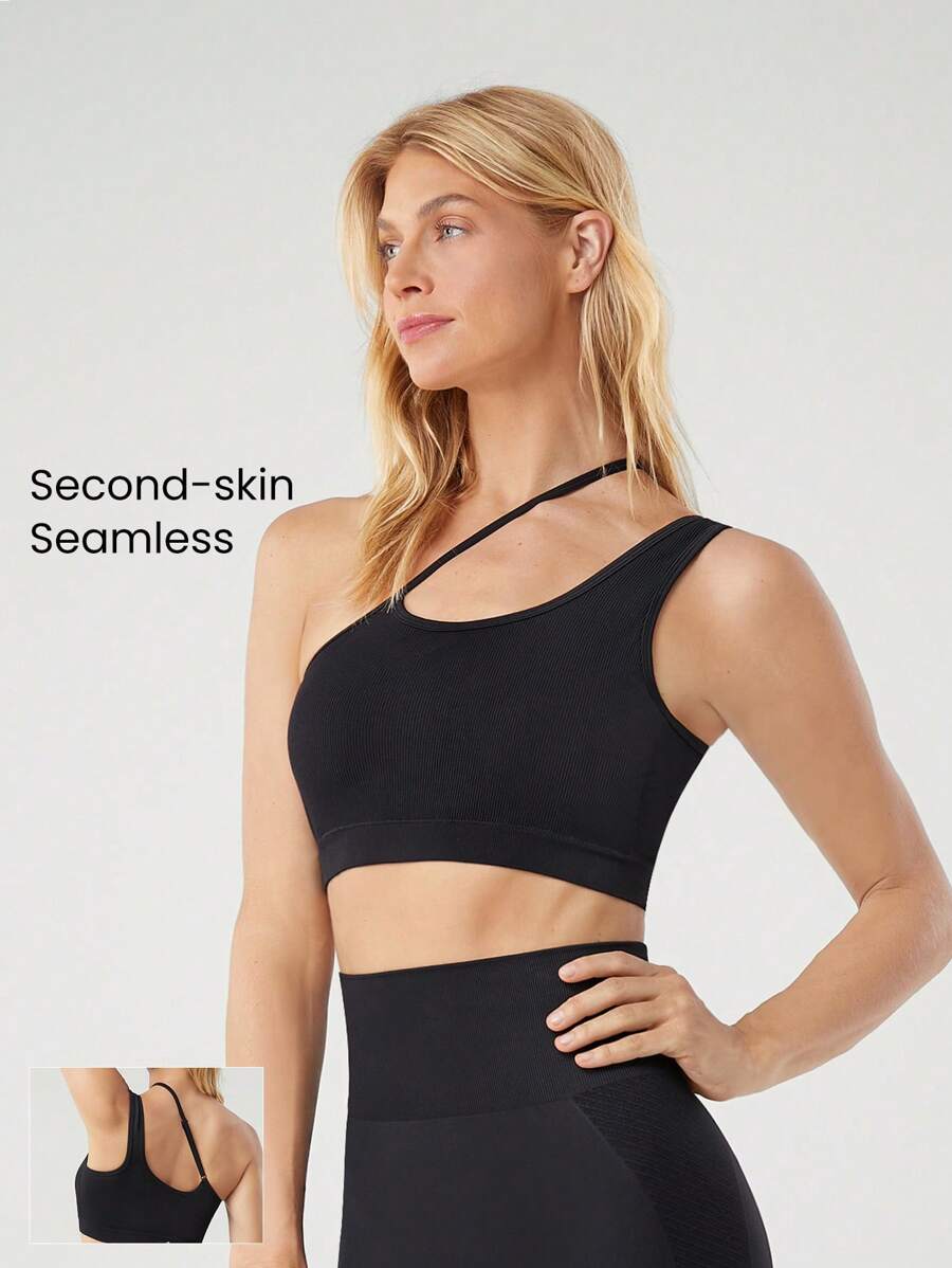 GLOWMODE Áo ngực thể thao không đối xứng vai không đường may thấm mồ hôi Just Breathe Cutout tập yoga hàng ngày tác động thấp - màu đen - Xem 1