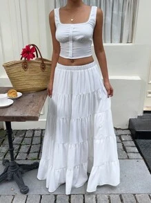 Lyxana 方领无袖上衣+层叠喇叭裙两件套 - 白色 - 查看 6