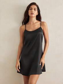 Charlaine 女士黑色缎面细肩带吊带裙 - 黑色 - 查看 5