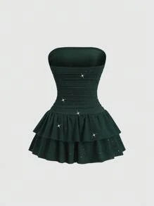 Sweetra 全新闪亮面料优雅通勤休闲蛋糕下摆露肩束腰迷你连衣裙，夏季 - 墨綠色 - 查看 2