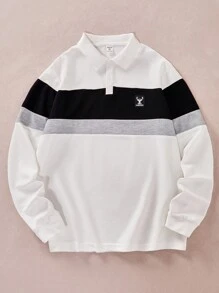 Mirajuku Teenage Boys' Long Sleeve Casual Sports Patchwork Polo T-Shirt Chic Outfits For Autumn/Winter Fall - White - View 6