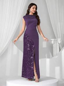 Coutiva Váy dạ hội cao cấp, váy dạ hội khiêu vũ có miếng vá sequin, phong cách quý cô sang trọng thanh lịch - Màu tím - Xem 5
