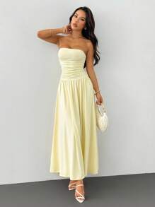 SHEIN PETITE 女士纯色褶饰修身抹胸连衣裙，优雅夏日 - 黃色 - 查看 3