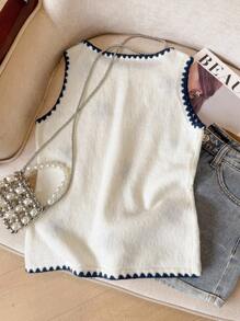 SHEIN Frenchy 女式休闲优雅撞色边饰无袖针织上衣 - 米色 - 查看 2