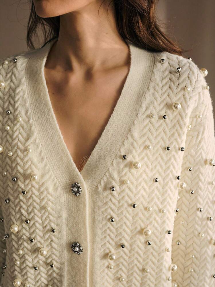 FAUX PEARL & BEADED DETAIL CARDIGAN FOR AUTUMN & WINTER