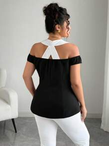 Elenzga 大码女式梭织拼色露肩纽扣高端优雅浪漫衬衫 - 黑與白 - 查看 2