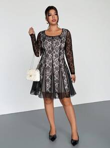 Firerie Plus Size Women Elegant Fitted Lace Rose Flared Mesh Patchwork Cocktail Party Formal Dress, Long Sleeve - Black - View 7