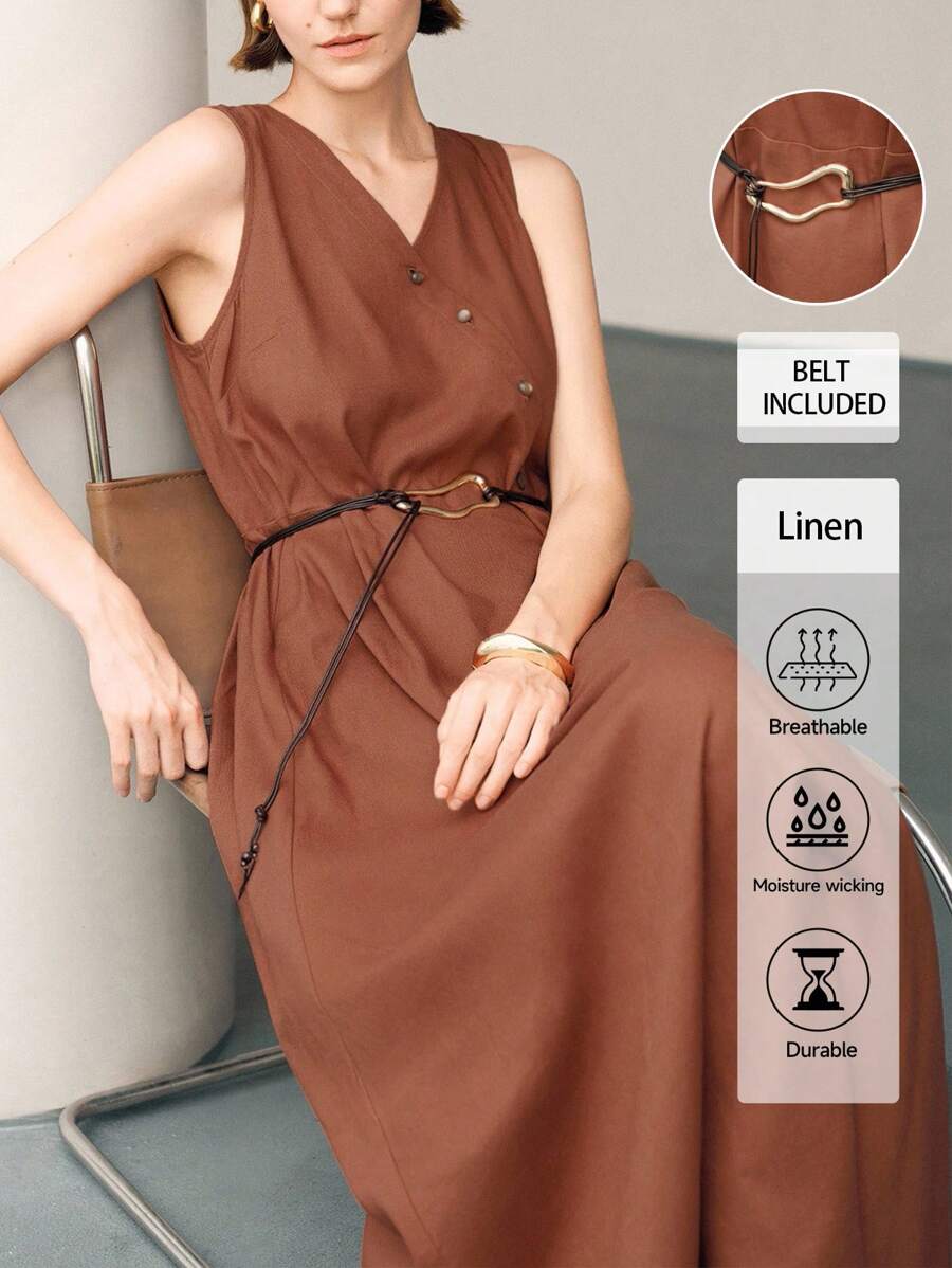 Uhlyne 优雅休闲斜襟抽绳腰女式连衣裙 - 咖啡 - 查看 1