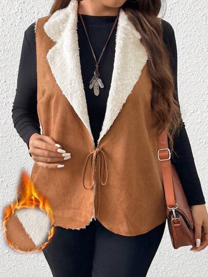 EMERY ROSE Plus Size Women's Plain Color Fur Bow Elegant Regular Jacket, Autumn/Winter Fall