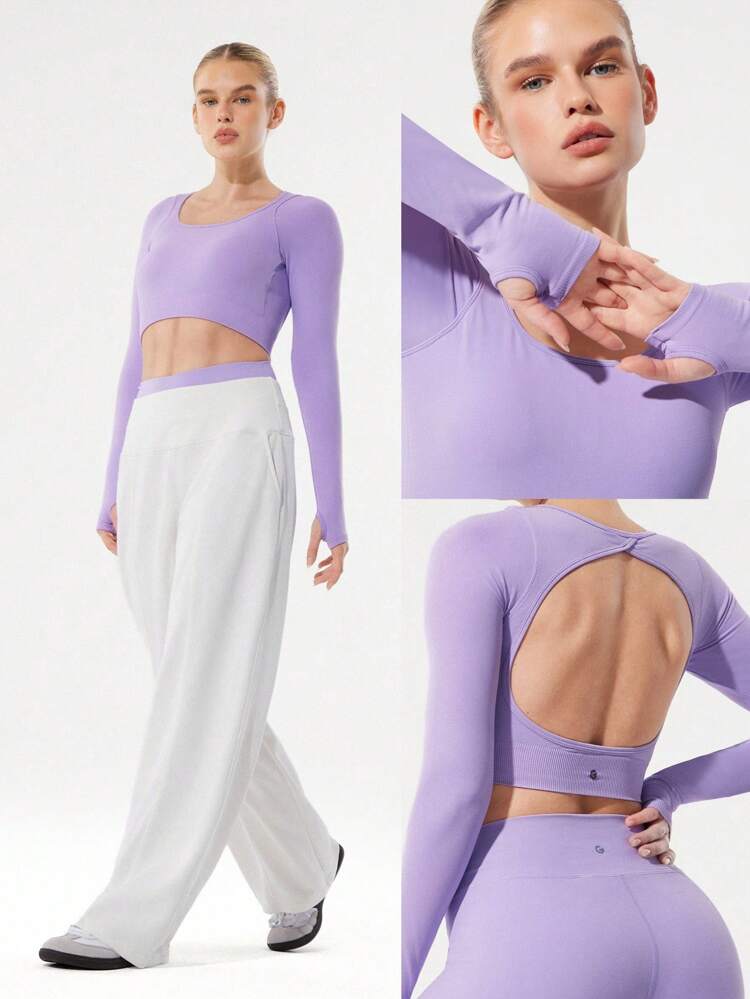 Second-Skin Seamless Crossover Open Back Scoop Neck Cropped Long-Sleeve Top With Thumbholes Low Impact Yoga Pilates Studio Daily Casual Wear Removable Cups