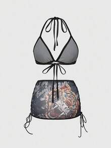 ROMWE J-Fashion Y2K 女士虎纹网眼系带无钢圈性感内衣套装 - 黑色 - 查看 2