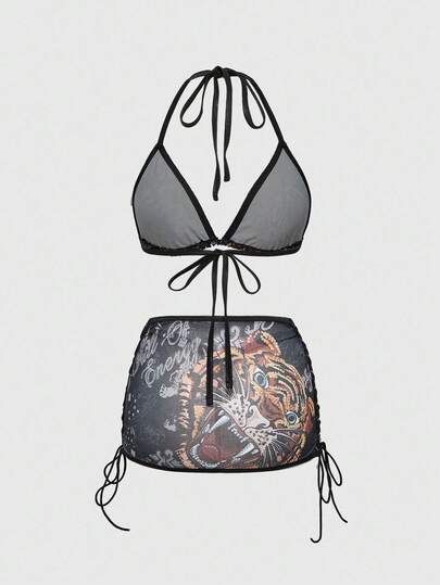 J-Fashion Y2K Tiger Print Mesh Lace-Up Wireless Sexy Lingerie Set For Women