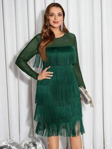SHEIN Clasi Plus Size Flowing Layered Fringe Mesh Patchwork Dress, Autumn/Winter - Dark Green - View 3