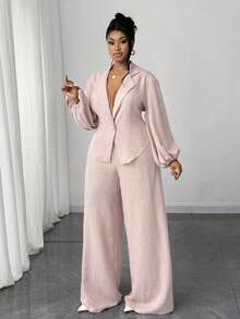 Maweii Plus Size Elegant Commuter Solid Color Lantern Sleeve Jacket And Pants 2 Pieces Set