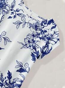 Rusticease 女款花卉印花休閒上衣，圓領蝙蝠袖短袖，藍色花卉上衣，藍白花卉上衣，花卉上衣，女款夏季休閒時尚上衣 - 彩色 - 查看 4