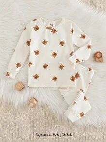 Cozy Pixies 少女卡通熊印花针织柔软圆领长袖上衣和松紧腰长裤两件套舒适睡衣套装 - 彩色 - 查看 1